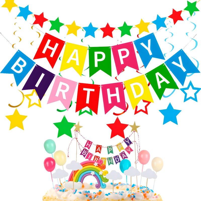 Rainbow Birthday Party Decoration Kit Colorful Happy Birthday Banner Cake Topper Stars Shape Garland Stars Hanging Swirls for Women Men Birthday Party Decoration Supplies
